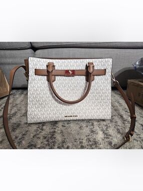Michael Kors White & Brown Signature Satchel with Removable Strap